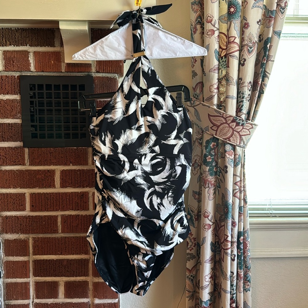 Black and white halter one piece swimsuit